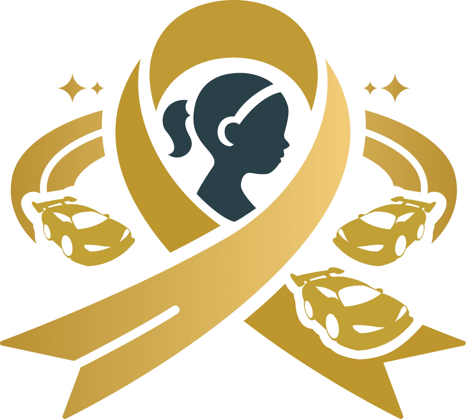 Miles for Smiles logo: gold ribbon, child silhouette, and race cars