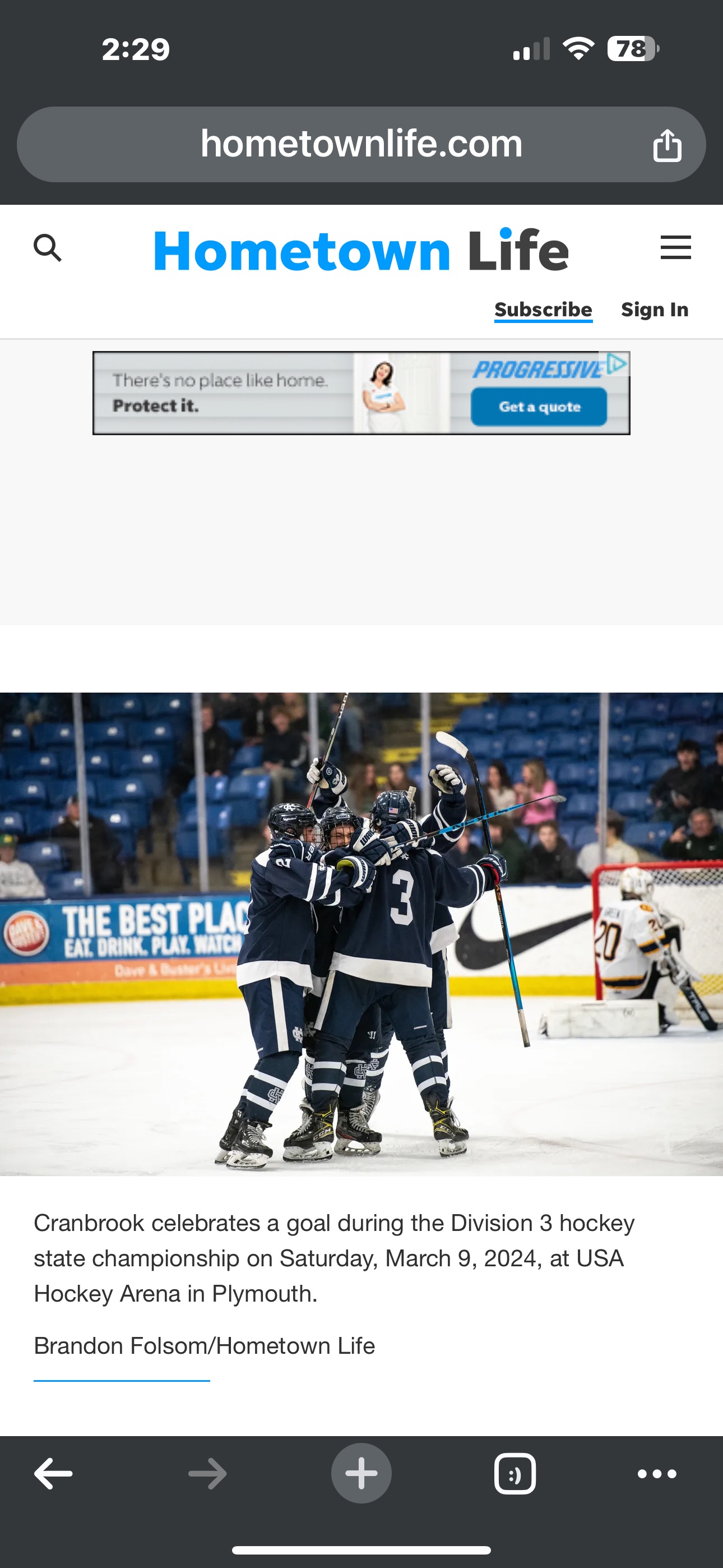 Cranbrook players celebrate a goal during the Division 3 hockey state championship.
